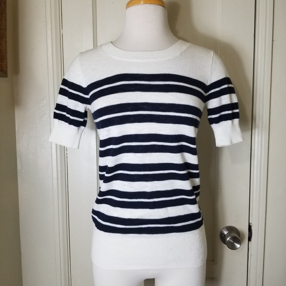 J CREW FACTORY S white black stripe cotton short sleeve round neck blouse